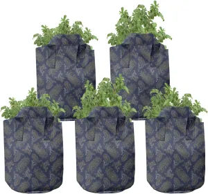 Ambesonne Floral Grow Bags 5-Pack, Droplet Motif Illustration, Heavyduty Fabric Pots with Handles for Plants, Dark Blue Green