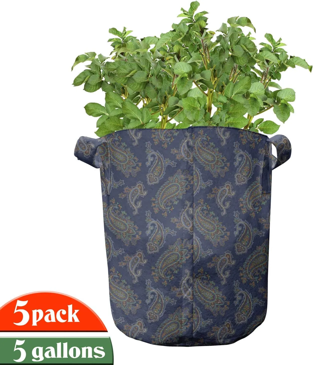 Ambesonne Floral Grow Bags 5-Pack, Droplet Motif Illustration, Heavyduty Fabric Pots with Handles for Plants, Dark Blue Green