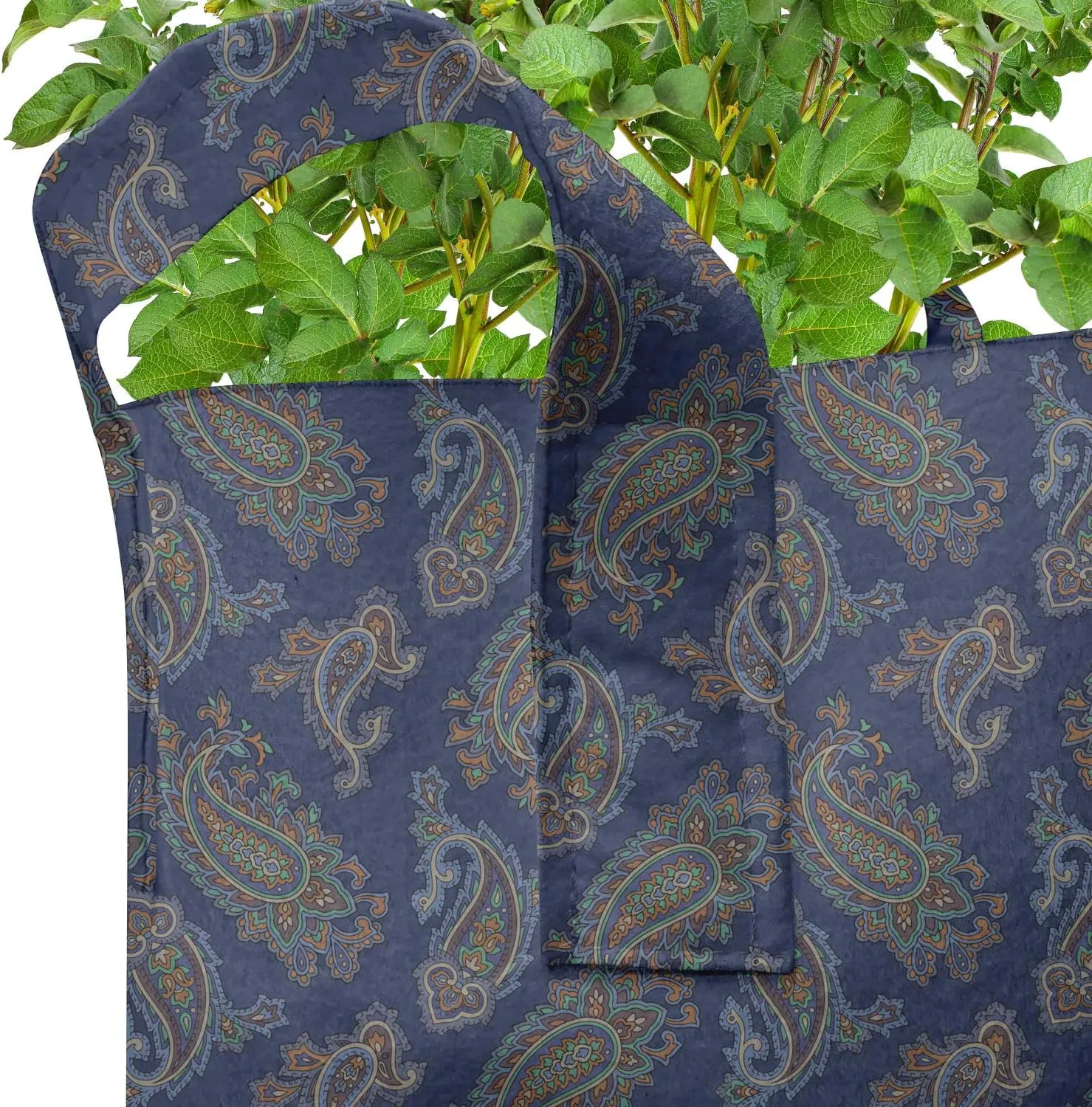Ambesonne Floral Grow Bags 5-Pack, Droplet Motif Illustration, Heavyduty Fabric Pots with Handles for Plants, Dark Blue Green