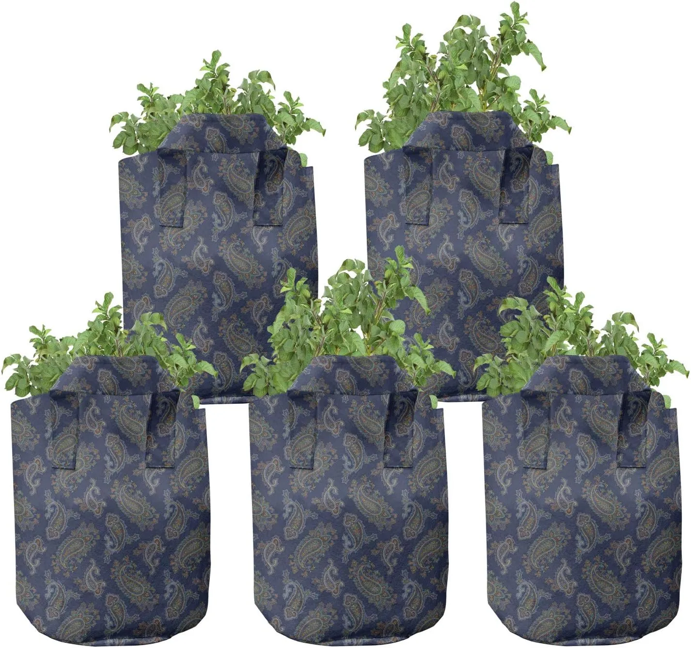 Ambesonne Floral Grow Bags 5-Pack, Droplet Motif Illustration, Heavyduty Fabric Pots with Handles for Plants, Dark Blue Green