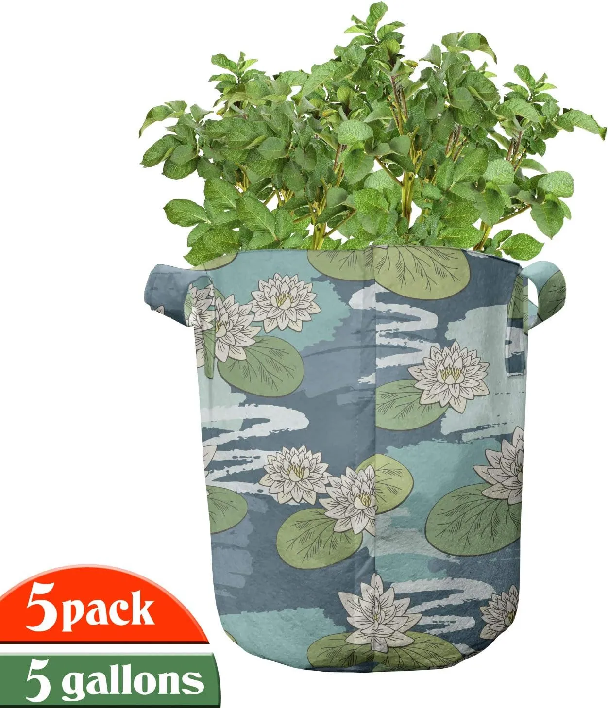 Ambesonne Floral Grow Bags 5-Pack, Water Lilies on Wetlands, Heavyduty Fabric Pots with Handles for Plants, Multicolor
