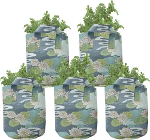 Ambesonne Floral Grow Bags 5-Pack, Water Lilies on Wetlands, Heavyduty Fabric Pots with Handles for Plants, Multicolor