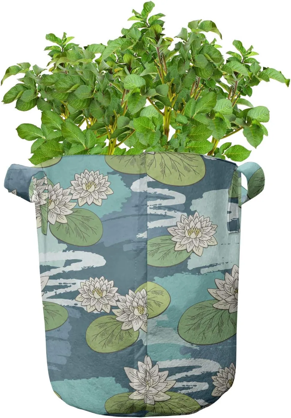 Ambesonne Floral Grow Bags 5-Pack, Water Lilies on Wetlands, Heavyduty Fabric Pots with Handles for Plants, Multicolor