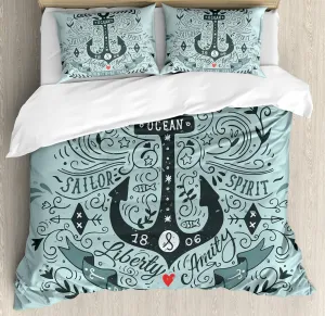 Ambesonne Navy Duvet Cover Set, Vintage Style Anchor Lettering Words and Floral Sailor Marine Design Art Print, Decorative 3 Piece Bedding Set with 2 Pillow Shams, Queen Size, Turquoise