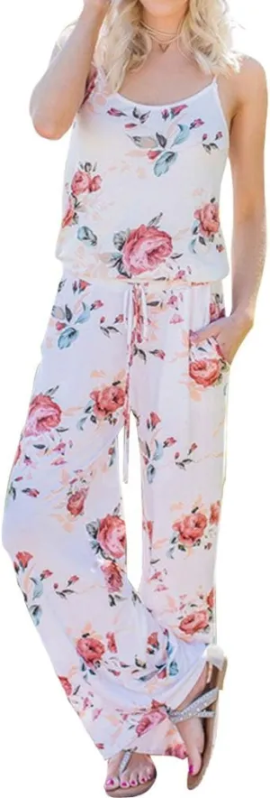 AMiERY Women's Floral Printed Jumpsuits Solid Rompers Casual Comfy Striped Jumpsuit with Pockets