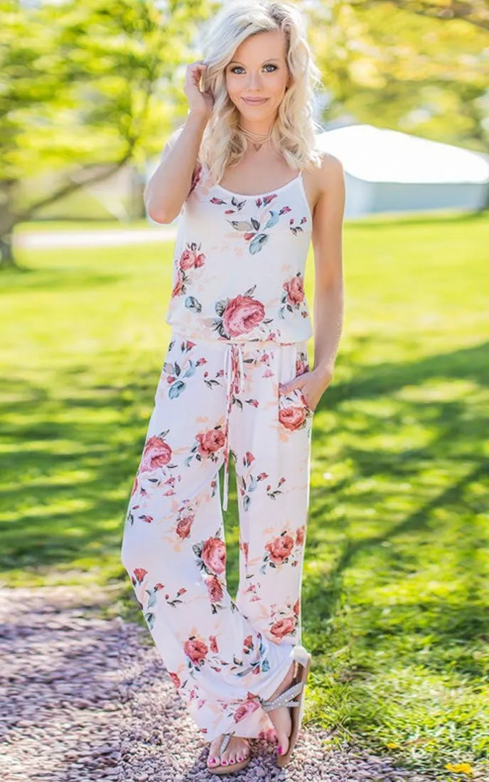 AMiERY Women's Floral Printed Jumpsuits Solid Rompers Casual Comfy Striped Jumpsuit with Pockets