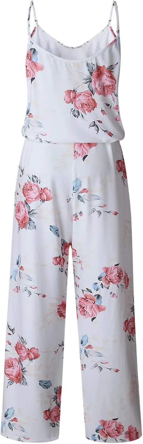 AMiERY Women's Floral Printed Jumpsuits Solid Rompers Casual Comfy Striped Jumpsuit with Pockets