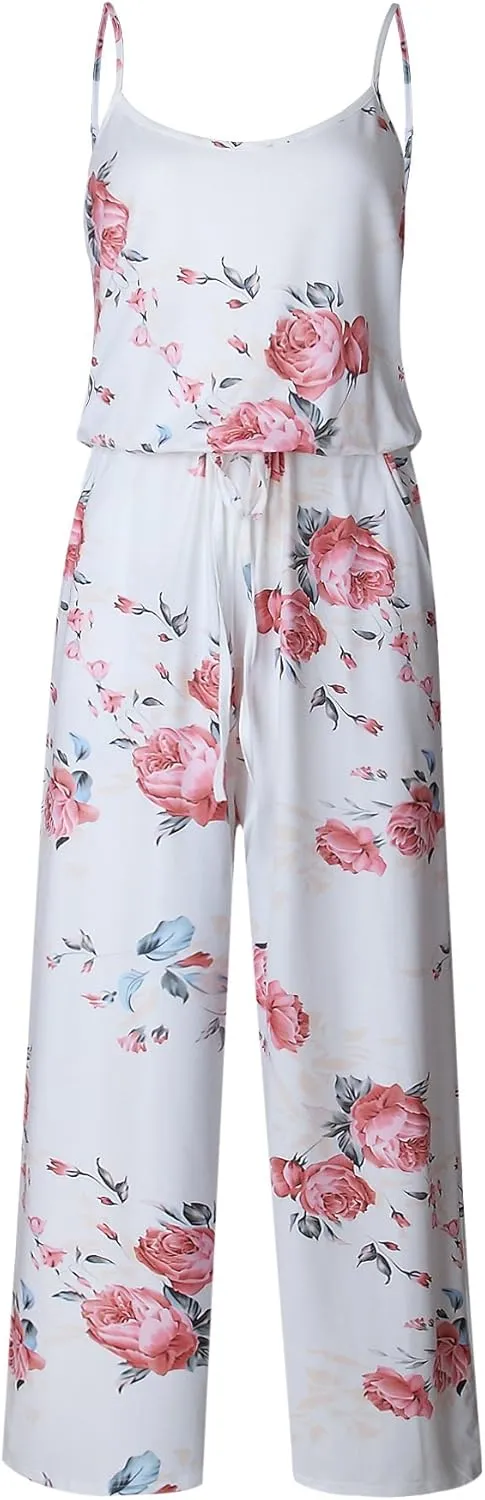 AMiERY Women's Floral Printed Jumpsuits Solid Rompers Casual Comfy Striped Jumpsuit with Pockets