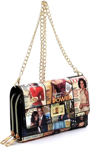 Amy & Joey Glossy Magazine Cover Collage Michelle Obama Printed Crossbody Wallet Clutch Bags with Flap and Zip Around Closure (Double Zip-Multi/Black)