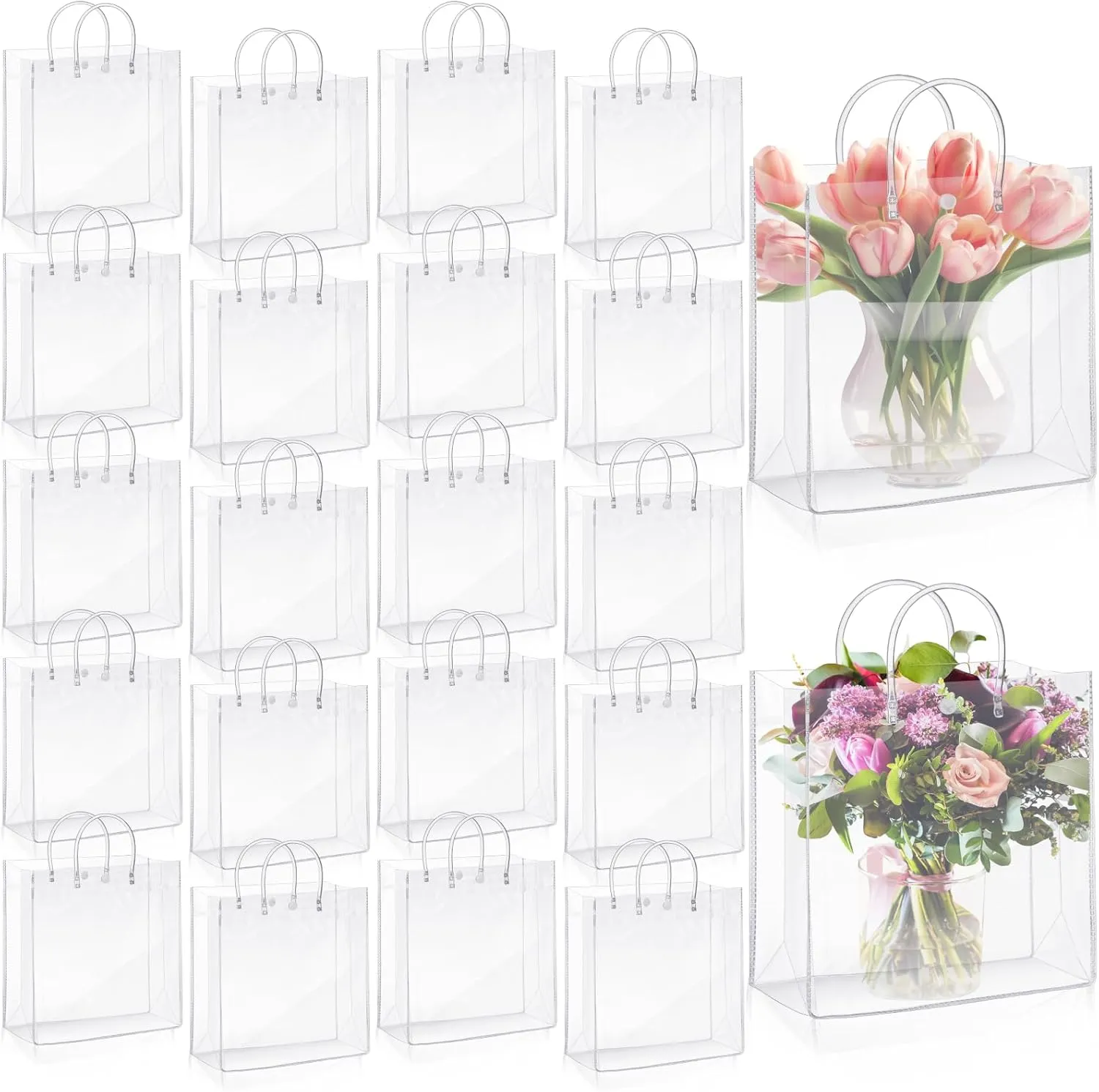 Amylove 24 Pcs Clear PVC Plastic Gift Bags with Handle Reusable Transparent Gift Wrap Tote Bag for Shopping Retail Merchandise Boutique Wedding Birthday Baby Shower Party Favor (11.8 x 11.8 x 3.9'')