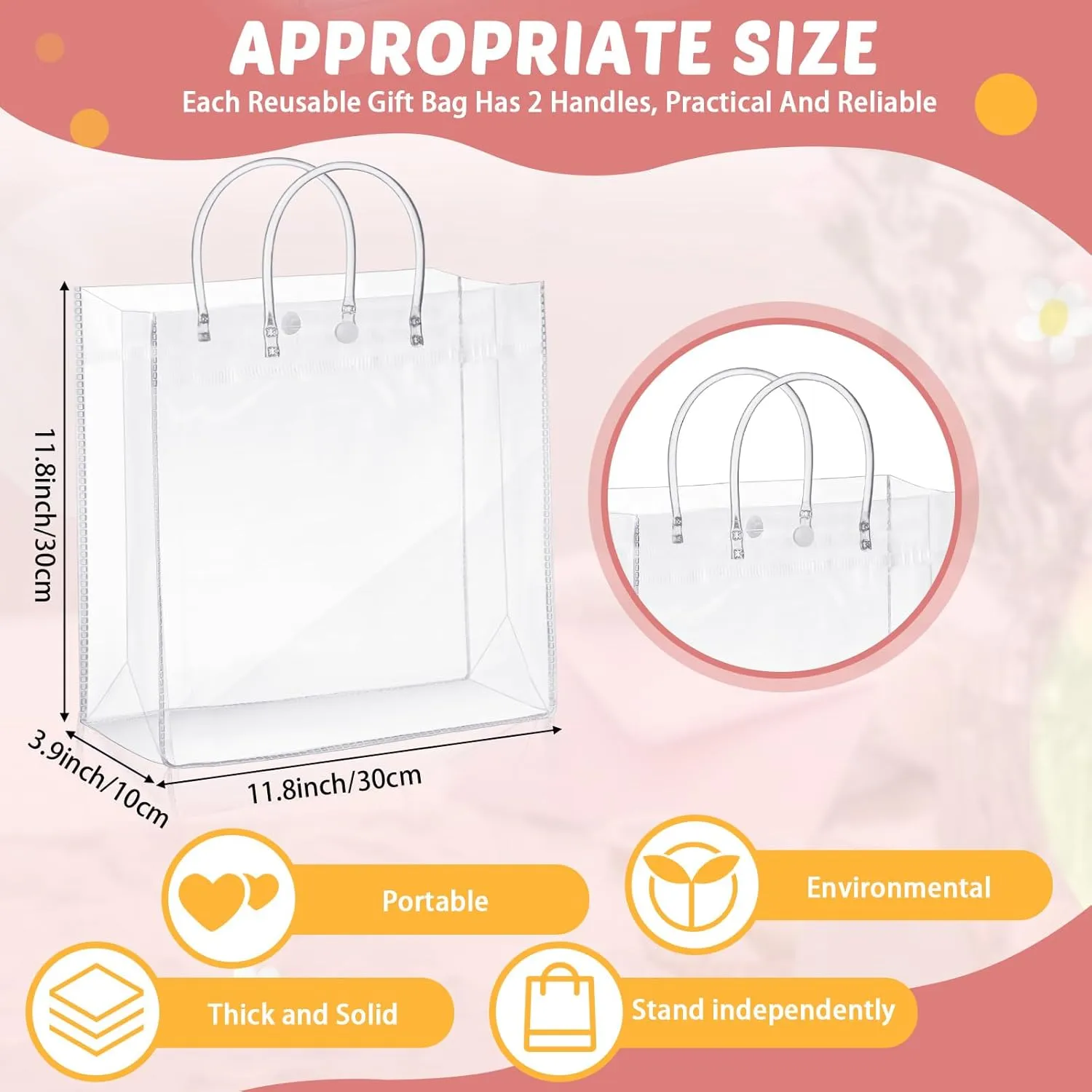 Amylove 24 Pcs Clear PVC Plastic Gift Bags with Handle Reusable Transparent Gift Wrap Tote Bag for Shopping Retail Merchandise Boutique Wedding Birthday Baby Shower Party Favor (11.8 x 11.8 x 3.9'')