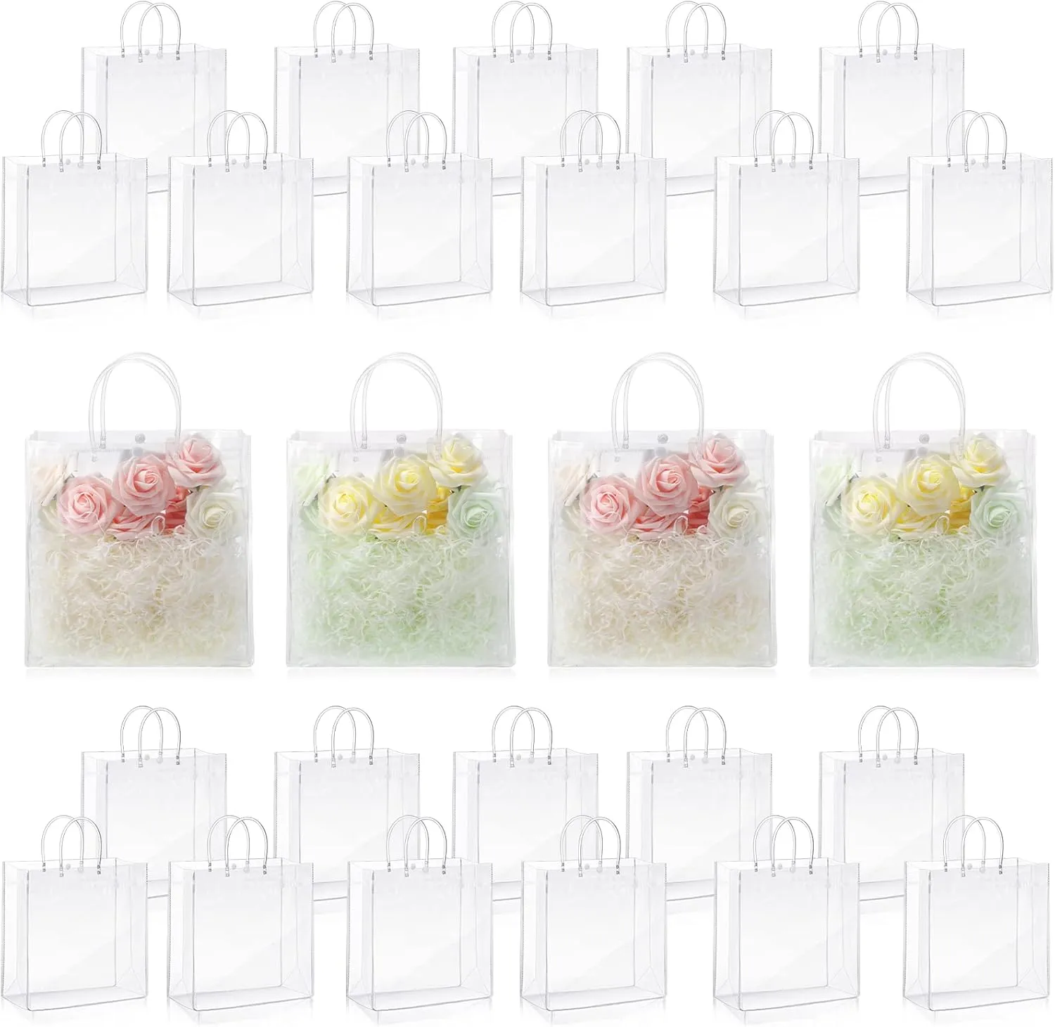Amylove 24 Pcs Clear PVC Plastic Gift Bags with Handle Reusable Transparent Gift Wrap Tote Bag for Shopping Retail Merchandise Boutique Wedding Birthday Baby Shower Party Favor (9.8 x 9.8 x 3.5'')