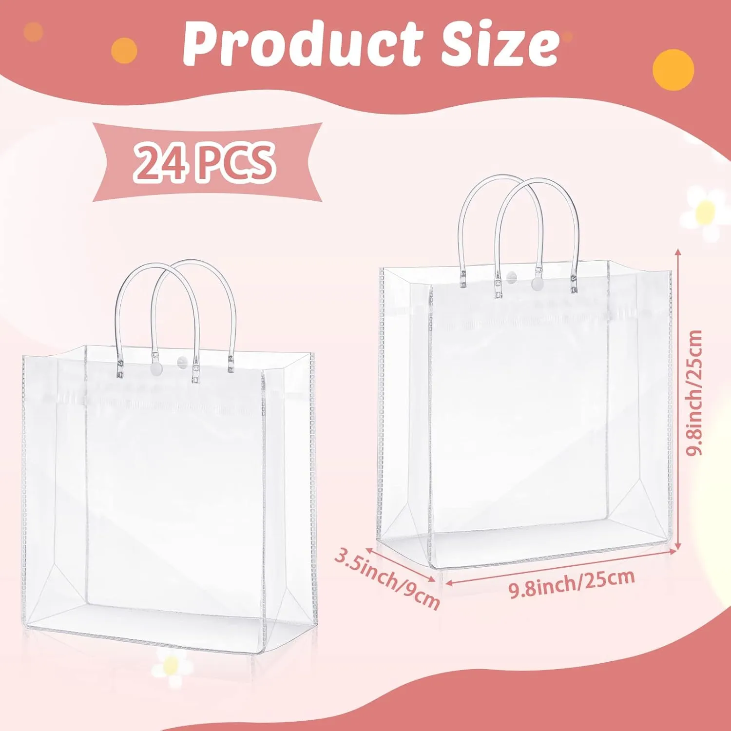 Amylove 24 Pcs Clear PVC Plastic Gift Bags with Handle Reusable Transparent Gift Wrap Tote Bag for Shopping Retail Merchandise Boutique Wedding Birthday Baby Shower Party Favor (9.8 x 9.8 x 3.5'')