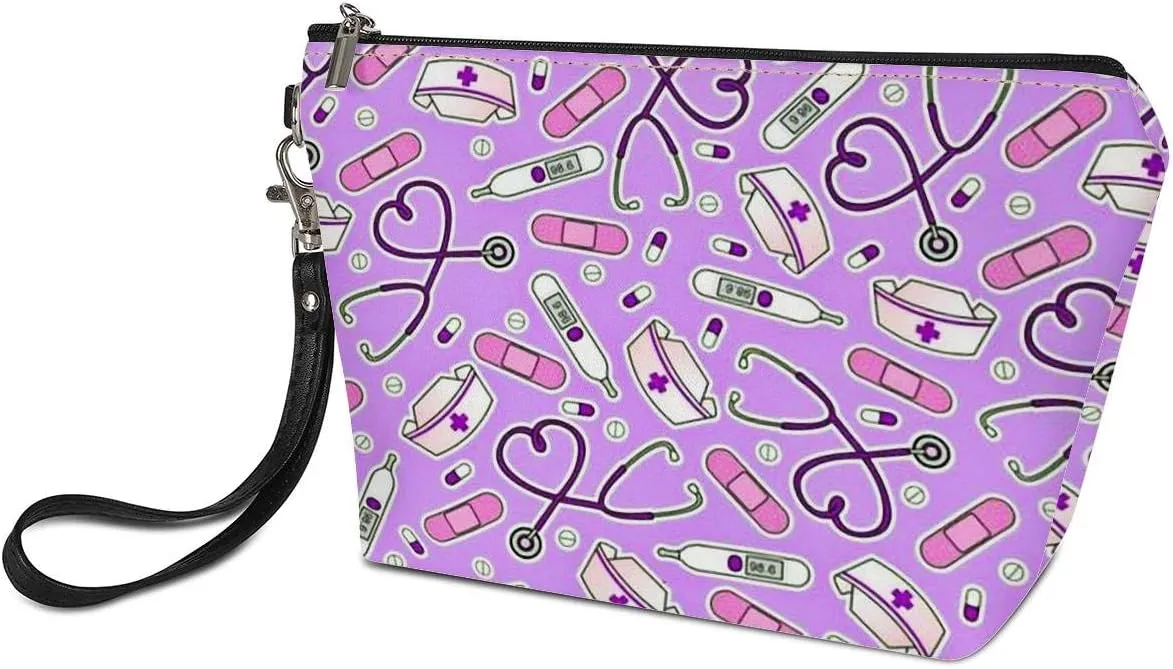 Amzbeauty Pink Nurse Printed Makeup Bag PU Leather Purse Toiletry Pouch Travel Cosmetic Bags with Zipper, Gift for Wome