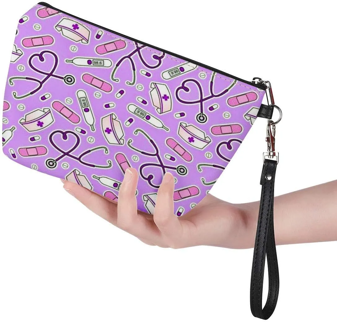 Amzbeauty Pink Nurse Printed Makeup Bag PU Leather Purse Toiletry Pouch Travel Cosmetic Bags with Zipper, Gift for Wome