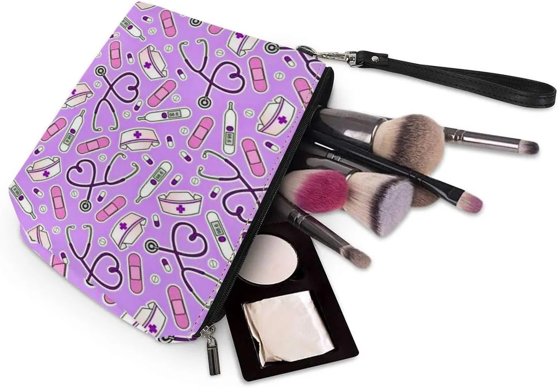 Amzbeauty Pink Nurse Printed Makeup Bag PU Leather Purse Toiletry Pouch Travel Cosmetic Bags with Zipper, Gift for Wome