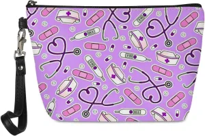 Amzbeauty Pink Nurse Printed Makeup Bag PU Leather Purse Toiletry Pouch Travel Cosmetic Bags with Zipper, Gift for Wome