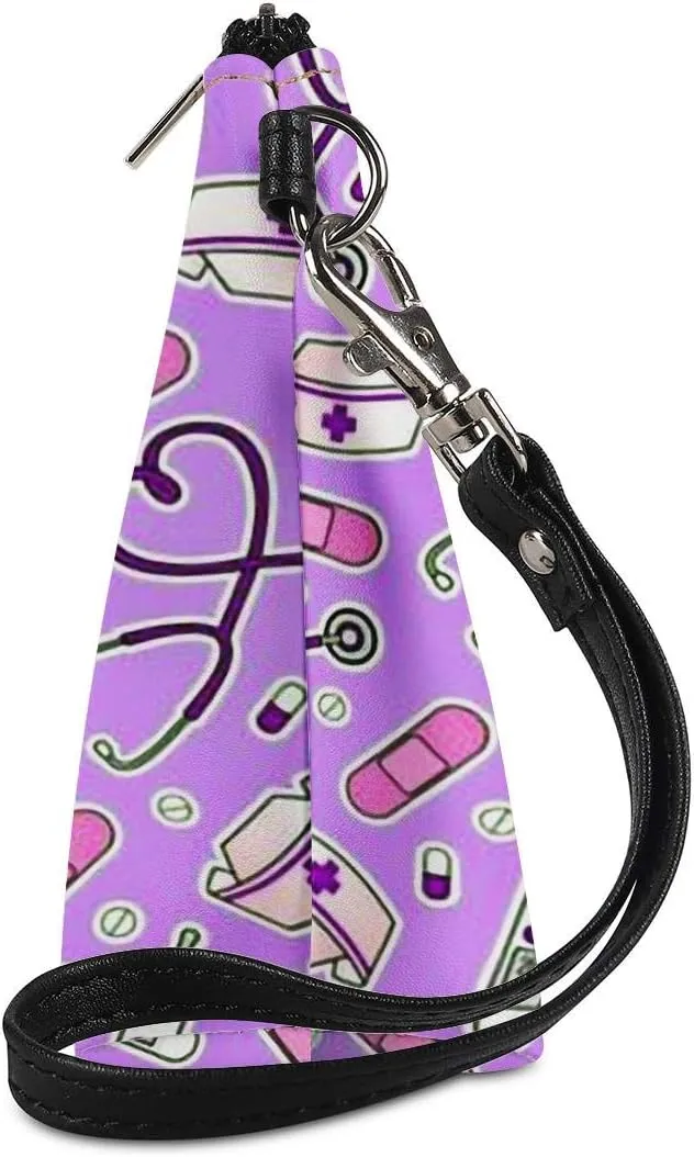 Amzbeauty Pink Nurse Printed Makeup Bag PU Leather Purse Toiletry Pouch Travel Cosmetic Bags with Zipper, Gift for Wome
