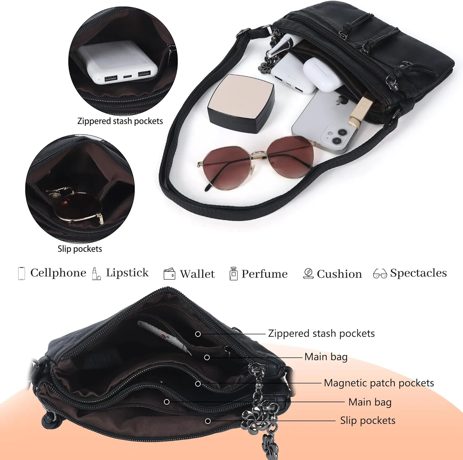 Angel Kiss Small Crossbody Bag for Women Leather Crossbody Purse Triple Compartments Cell Phone Purse Shoulder Bags for Women