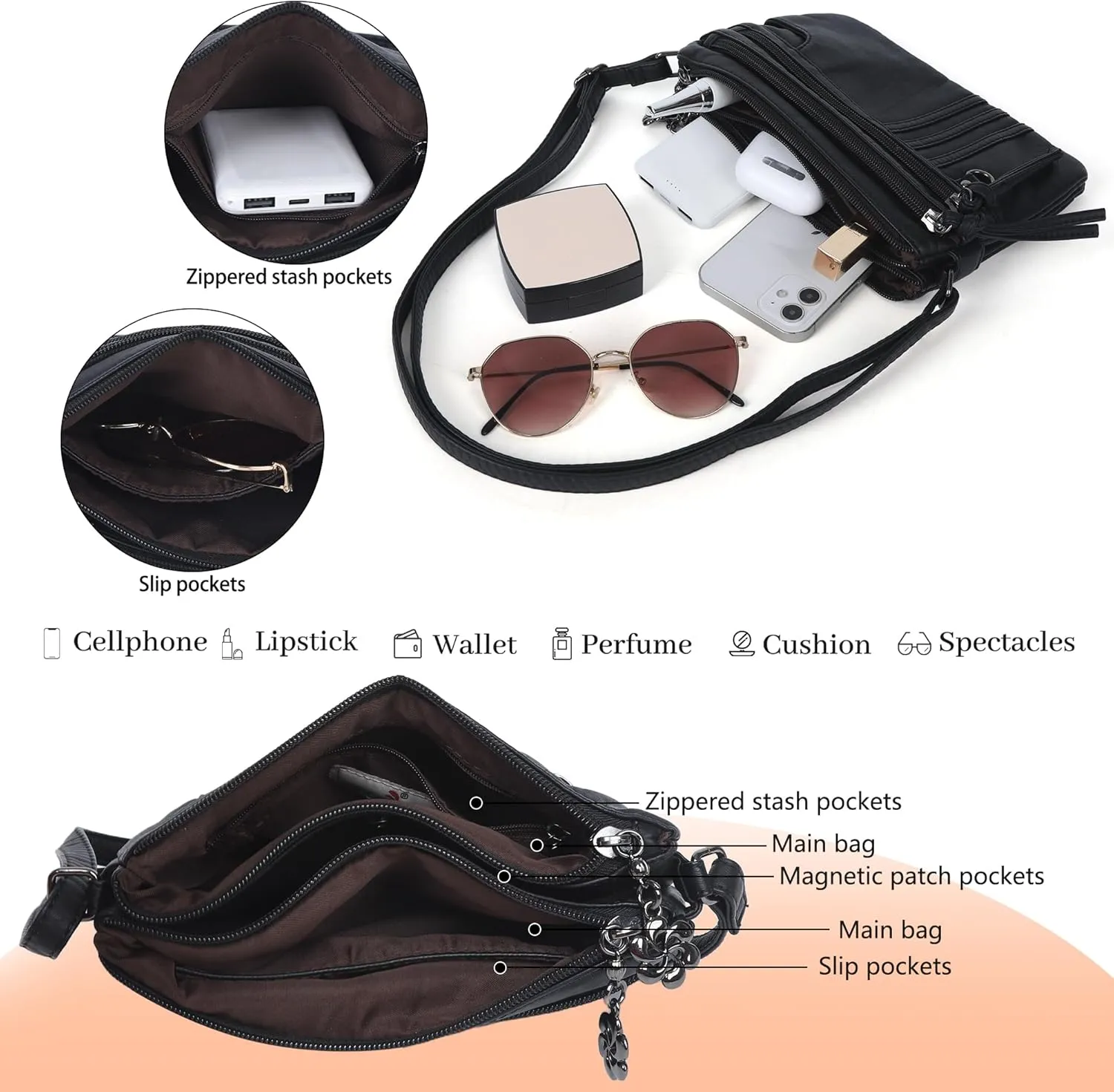 Angel Kiss Small Crossbody Bag for Women Leather Crossbody Purse Triple Compartments Cell Phone Purse Shoulder Bags for Women
