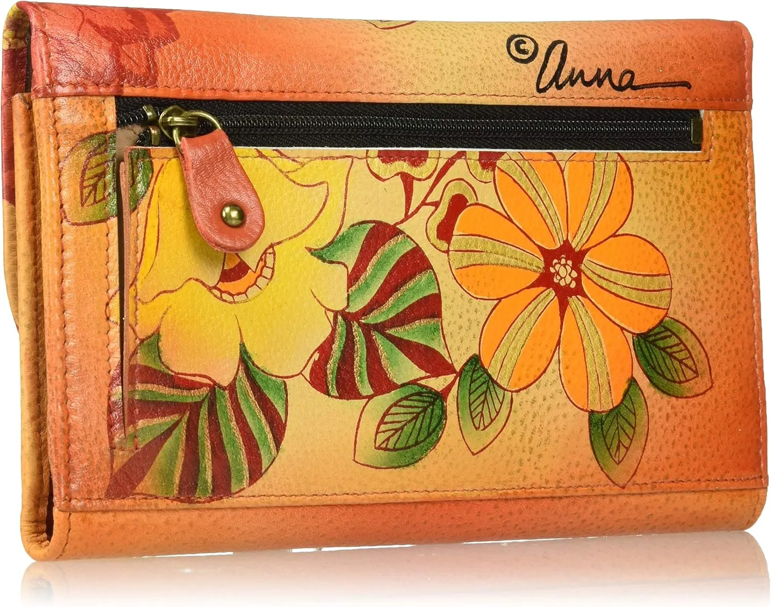 Anna by Anuschka Women's Geniune Leather Hand Painted Large Three Fold Checkbook Clutch Wallet