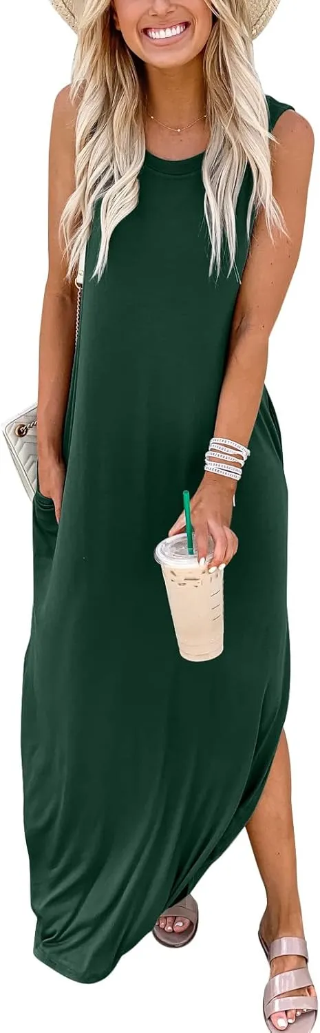 ANRABESS Women Casual Loose Sundress Sleeveless Split Maxi Long Beach Shirt Dress Travel Vacation 2025 Summer Outfits