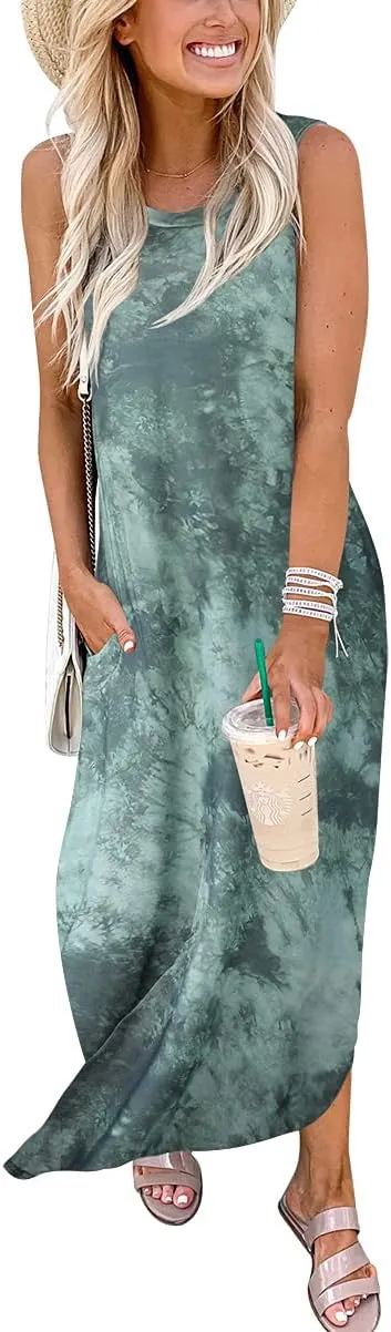 ANRABESS Women Casual Loose Sundress Sleeveless Split Maxi Long Beach Shirt Dress Travel Vacation 2025 Summer Outfits