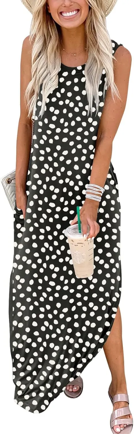 ANRABESS Women Casual Loose Sundress Sleeveless Split Maxi Long Beach Shirt Dress Travel Vacation 2025 Summer Outfits