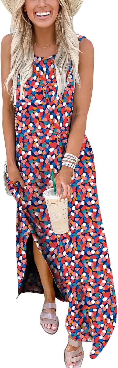 ANRABESS Women Casual Loose Sundress Sleeveless Split Maxi Long Beach Shirt Dress Travel Vacation 2025 Summer Outfits