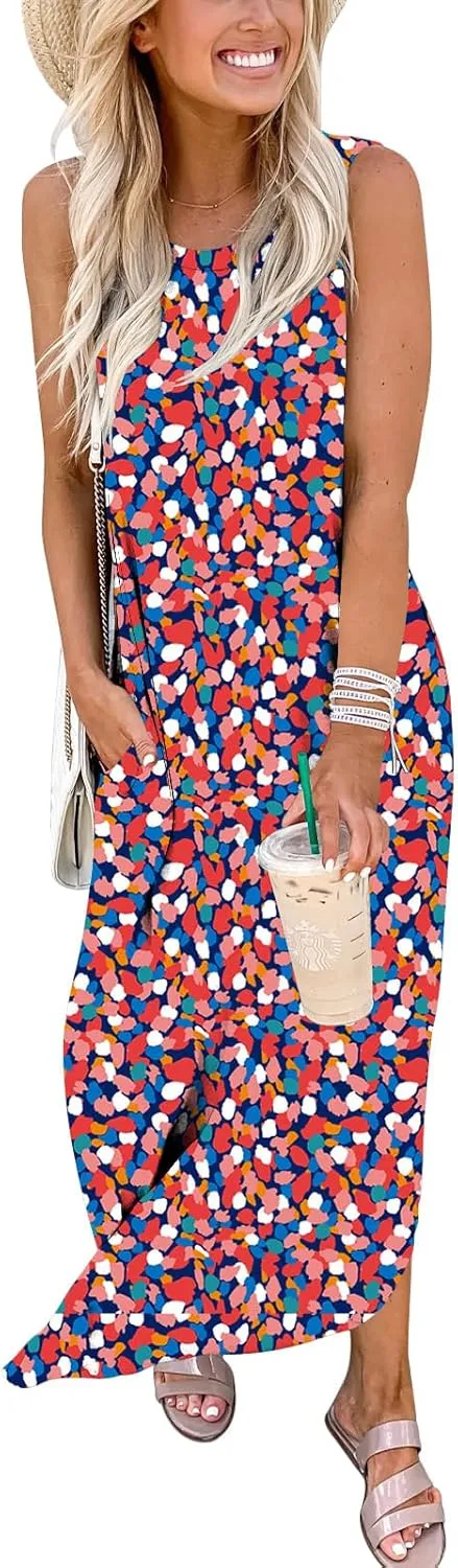 ANRABESS Women Casual Loose Sundress Sleeveless Split Maxi Long Beach Shirt Dress Travel Vacation 2025 Summer Outfits