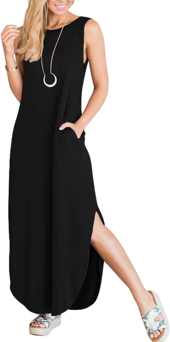 ANRABESS Women Casual Loose Sundress Sleeveless Split Maxi Long Beach Shirt Dress Travel Vacation 2025 Summer Outfits