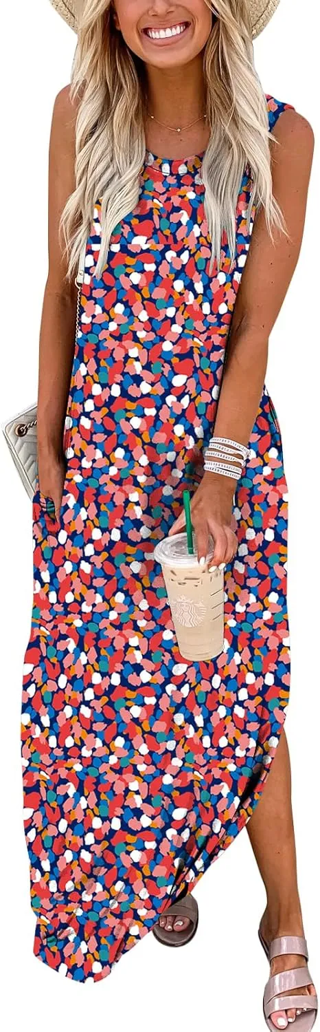 ANRABESS Women Casual Loose Sundress Sleeveless Split Maxi Long Beach Shirt Dress Travel Vacation 2025 Summer Outfits