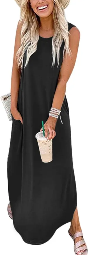 ANRABESS Women Casual Loose Sundress Sleeveless Split Maxi Long Beach Shirt Dress Travel Vacation 2025 Summer Outfits