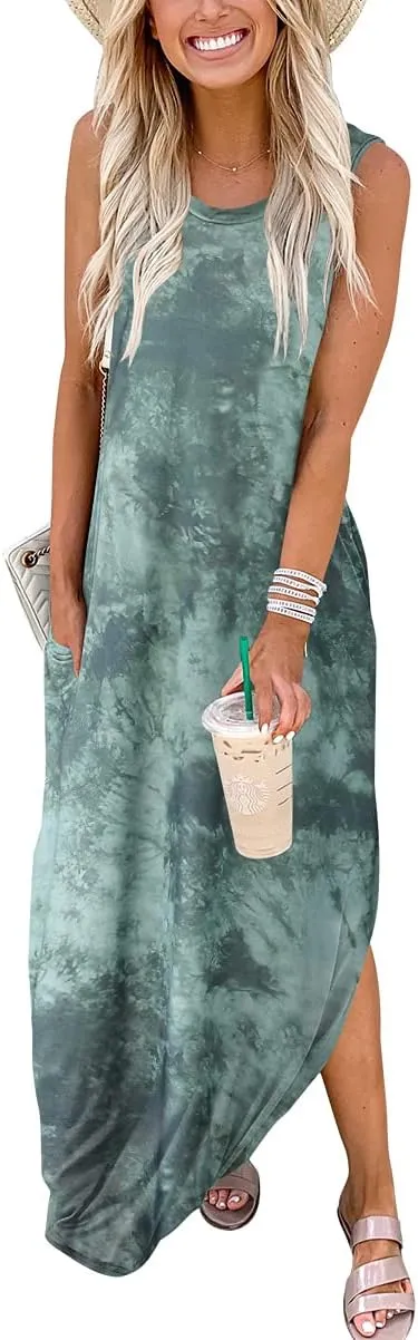 ANRABESS Women Casual Loose Sundress Sleeveless Split Maxi Long Beach Shirt Dress Travel Vacation 2025 Summer Outfits