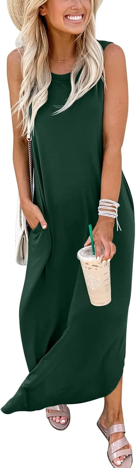 ANRABESS Women Casual Loose Sundress Sleeveless Split Maxi Long Beach Shirt Dress Travel Vacation 2025 Summer Outfits
