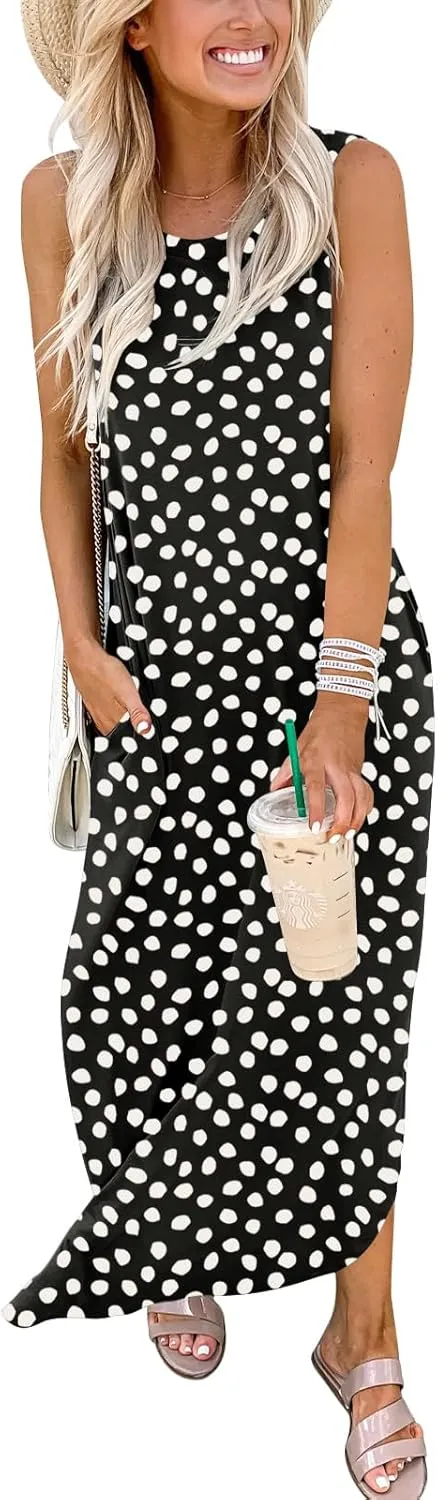 ANRABESS Women Casual Loose Sundress Sleeveless Split Maxi Long Beach Shirt Dress Travel Vacation 2025 Summer Outfits