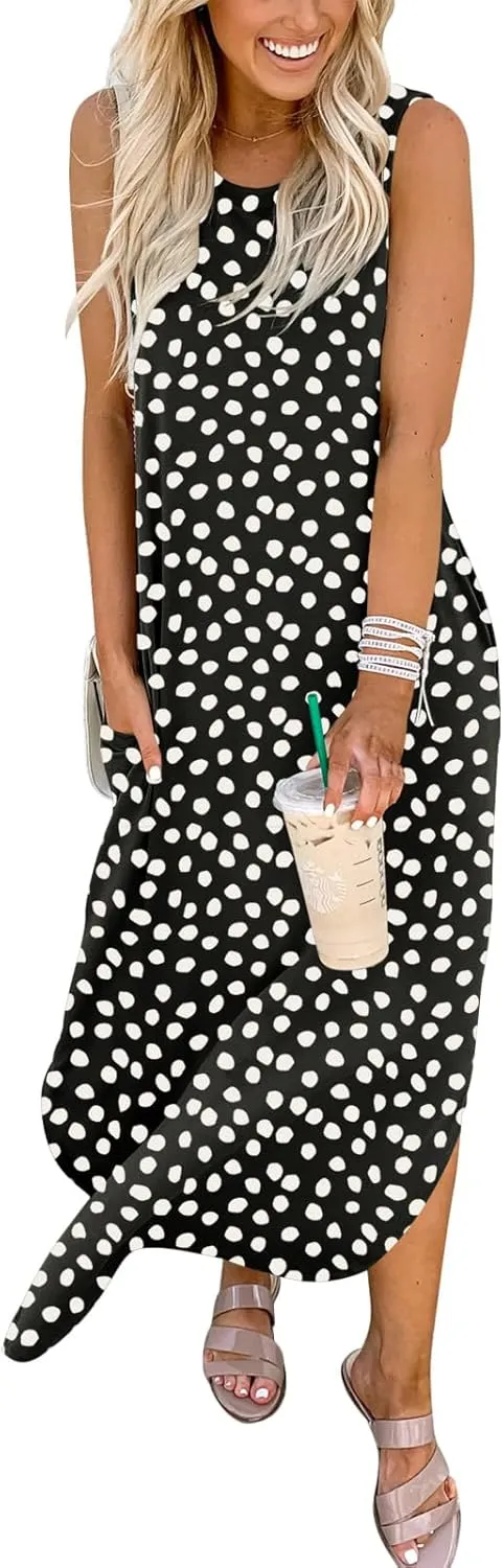 ANRABESS Women Casual Loose Sundress Sleeveless Split Maxi Long Beach Shirt Dress Travel Vacation 2025 Summer Outfits