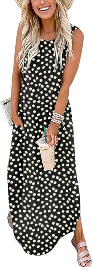 ANRABESS Women Casual Loose Sundress Sleeveless Split Maxi Long Beach Shirt Dress Travel Vacation 2025 Summer Outfits