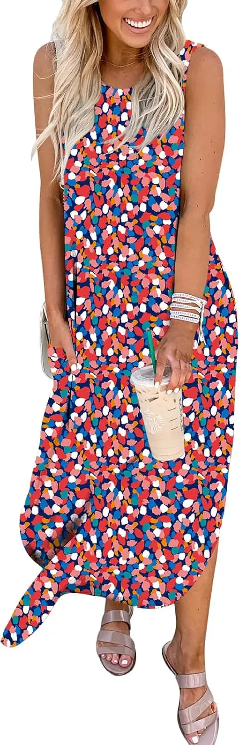 ANRABESS Women Casual Loose Sundress Sleeveless Split Maxi Long Beach Shirt Dress Travel Vacation 2025 Summer Outfits