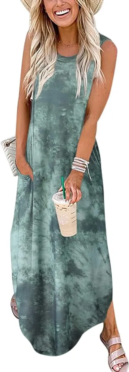 ANRABESS Women Casual Loose Sundress Sleeveless Split Maxi Long Beach Shirt Dress Travel Vacation 2025 Summer Outfits