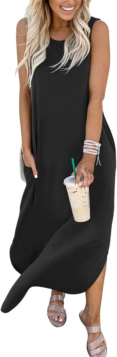 ANRABESS Women Casual Loose Sundress Sleeveless Split Maxi Long Beach Shirt Dress Travel Vacation 2025 Summer Outfits