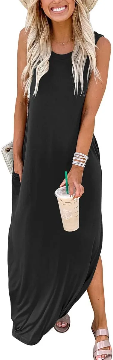 ANRABESS Women Casual Loose Sundress Sleeveless Split Maxi Long Beach Shirt Dress Travel Vacation 2025 Summer Outfits