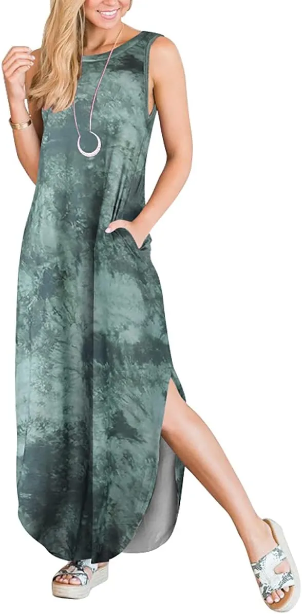 ANRABESS Women Casual Loose Sundress Sleeveless Split Maxi Long Beach Shirt Dress Travel Vacation 2025 Summer Outfits