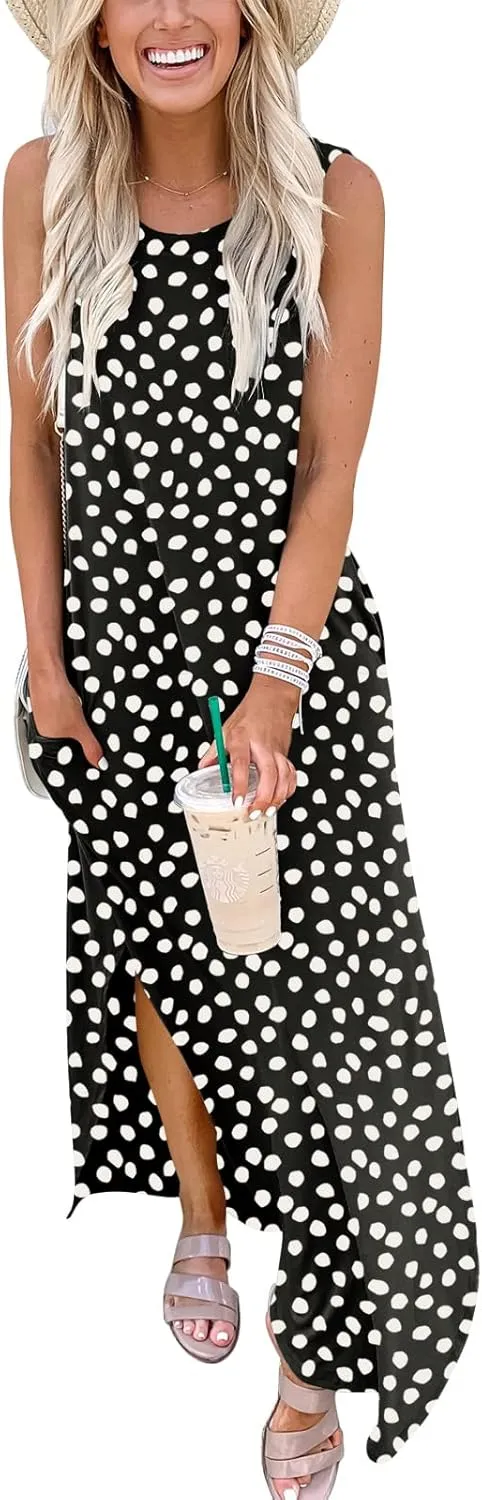 ANRABESS Women Casual Loose Sundress Sleeveless Split Maxi Long Beach Shirt Dress Travel Vacation 2025 Summer Outfits