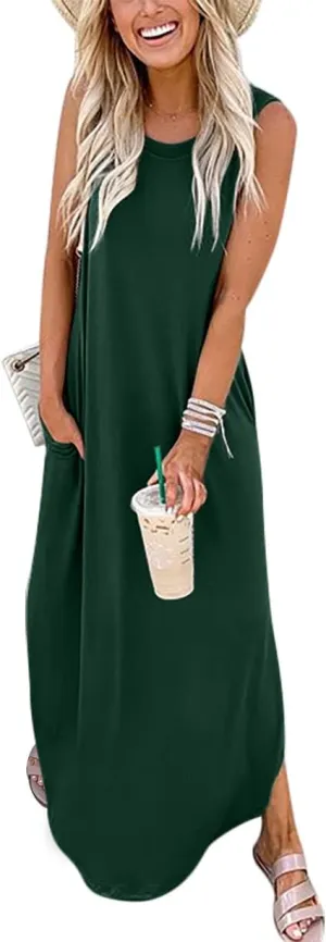 ANRABESS Women Casual Loose Sundress Sleeveless Split Maxi Long Beach Shirt Dress Travel Vacation 2025 Summer Outfits