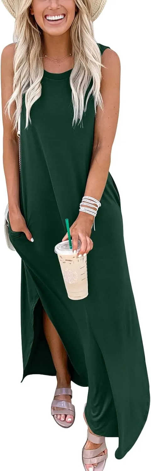 ANRABESS Women Casual Loose Sundress Sleeveless Split Maxi Long Beach Shirt Dress Travel Vacation 2025 Summer Outfits