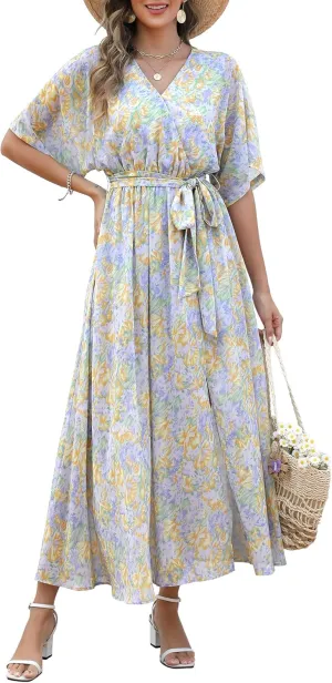 ANRABESS Women’s Summer Loose Boho Flowy Wrap V Neck 3/4 Sleeve Floral Print Slit Beach Wedding Guest Long Maxi Dresses