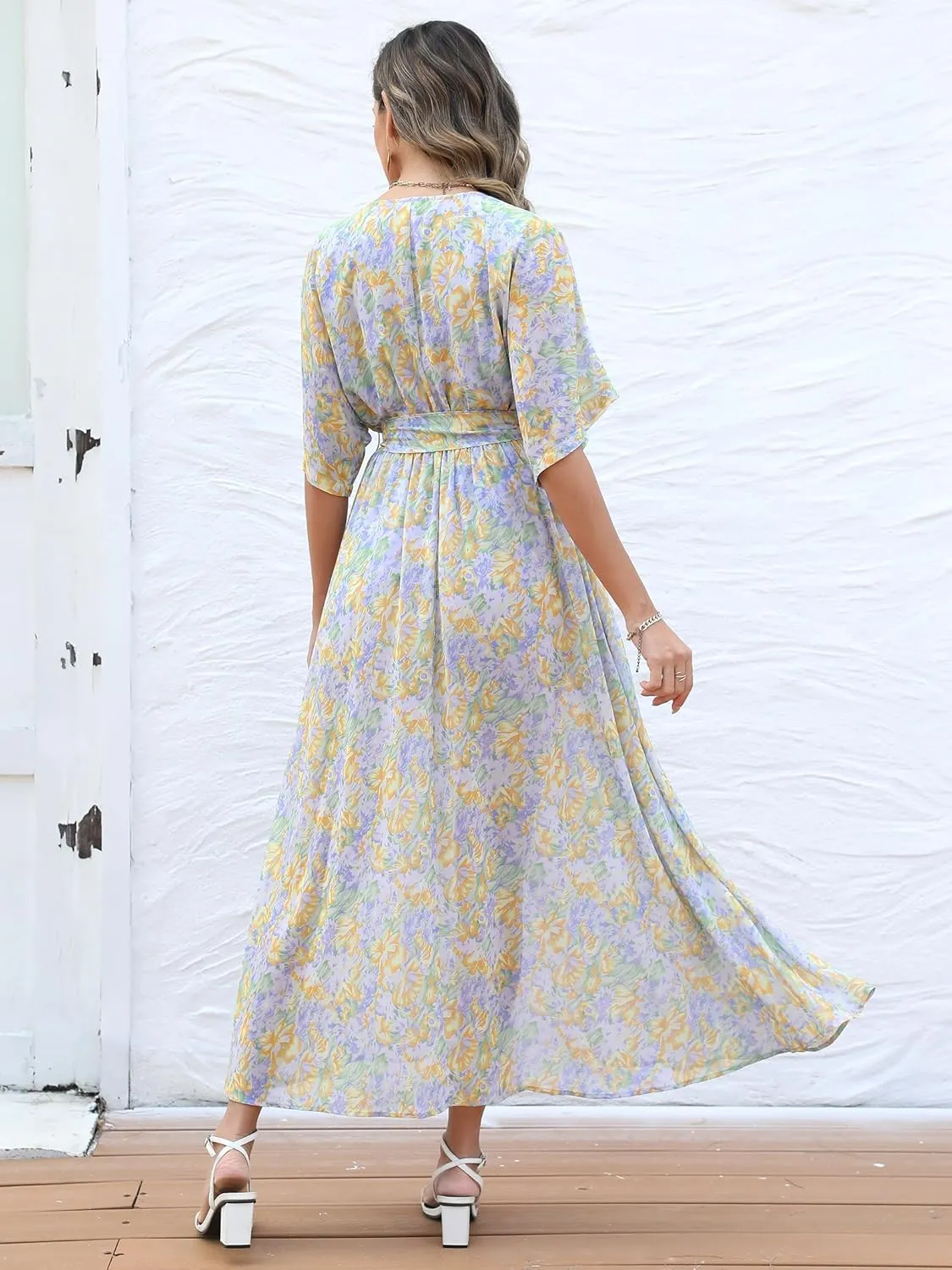 ANRABESS Women’s Summer Loose Boho Flowy Wrap V Neck 3/4 Sleeve Floral Print Slit Beach Wedding Guest Long Maxi Dresses