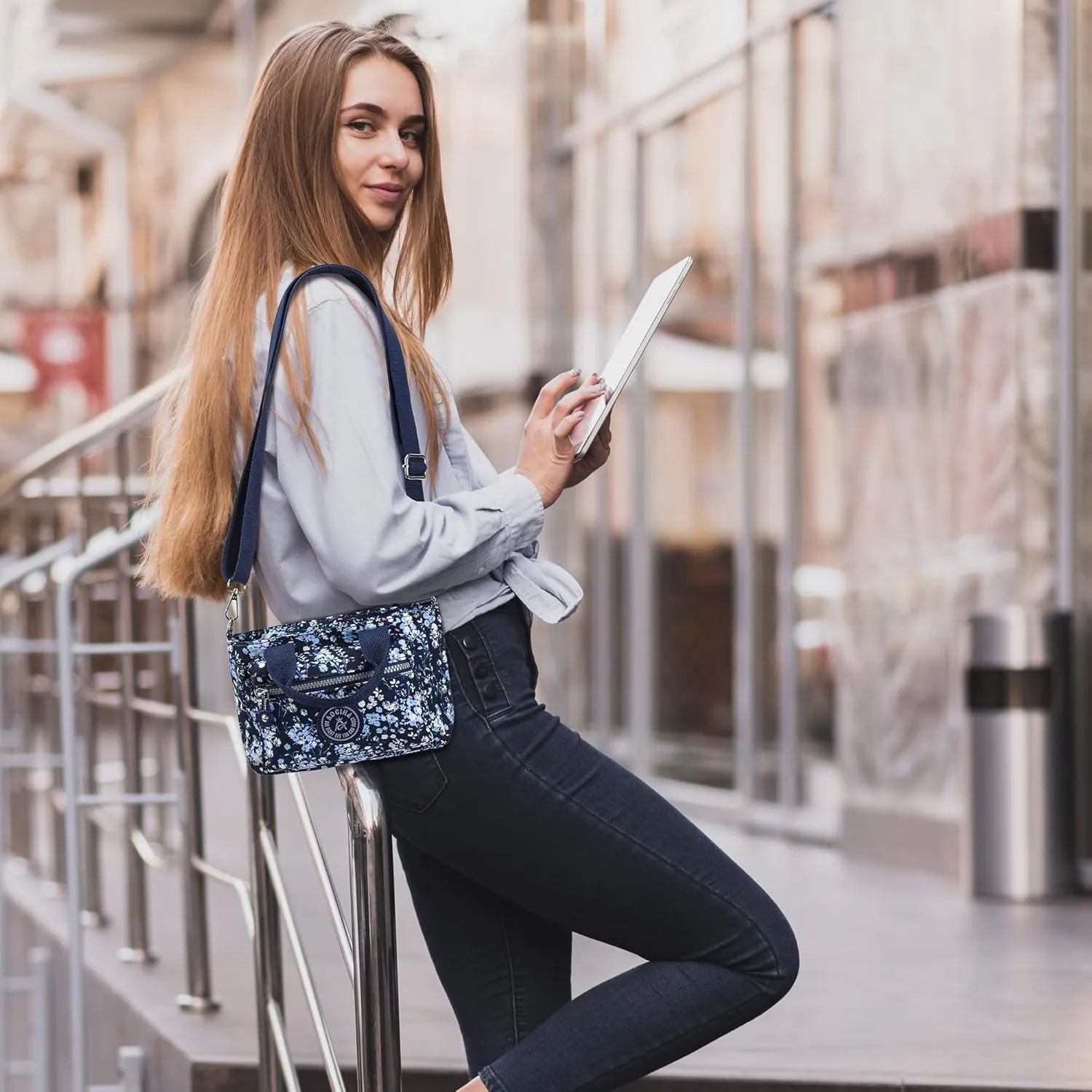 AOCINA Mini Tote Bag with Multi Pockets Small Crossbody Bags for Women Nylon Printed Shoulder Bag