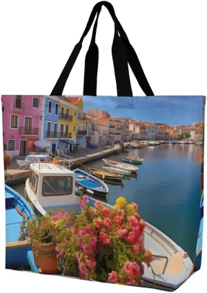 Architectural Prints of Seaside Towns Shoulder Bag Large Capacity Shopping Bag Washable Grocery Bag Handbag for Women Men